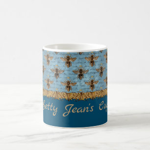 Vintage Bienen auf Blue Damask mit Handschrift Kaffeetasse
