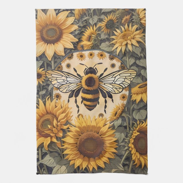 Vintage Bienen und Sonnenblumen Geschirrtuch (Vertikal)