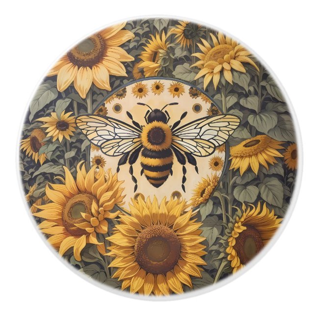 Vintage Bienen und Sonnenblumen Keramikknauf (Vorderseite)