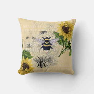 Vintage Bienenblume Creme Nature Kissen