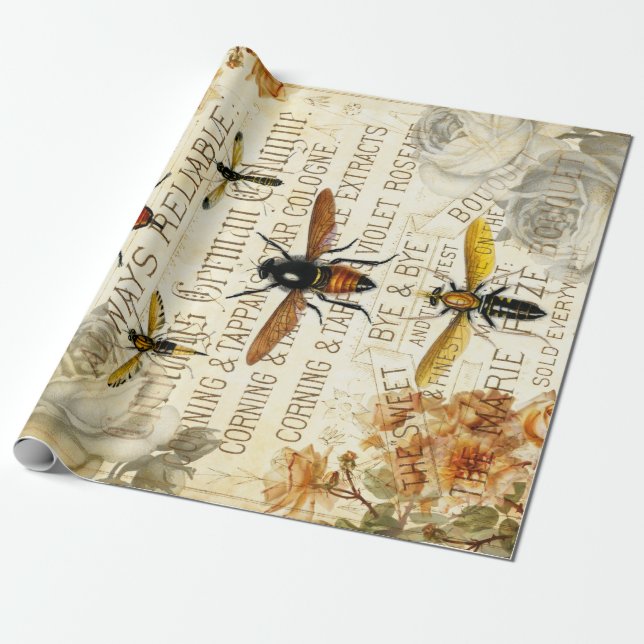 Vintage Bieneninsekten Rose Bouquet Geschenkpapier (Ungerollt)
