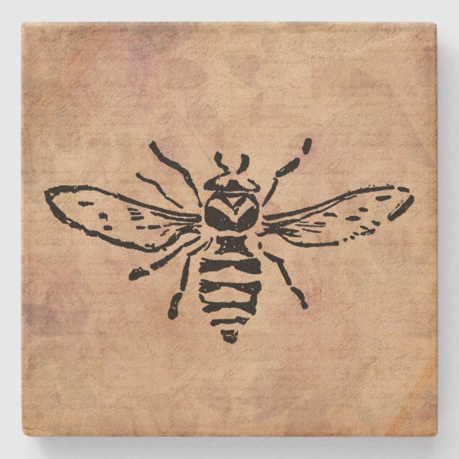 Vintage Bienenstrahlung Rose Blume Blumendesign Steinuntersetzer (Vorderseite)