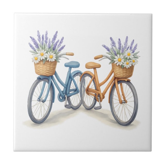 Vintage Bikes mit Lavender Daisy Baskets Fliese (Vorderseite)