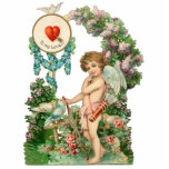 Vintage Bildhauerei Freistehende Fotoskulptur<br><div class="desc">Weiße Kuppel mit Pfeilen unter Blumenbogen mit Vögeln auf Fotoskulptur.</div>