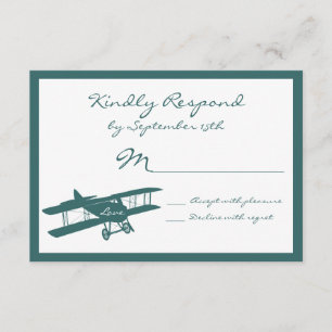 Vintage Biplane Aviator Blue Wedding RSVP Cards