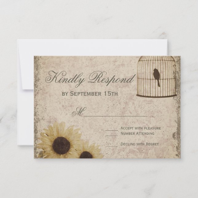 Vintage Birdcage Rustikale Sonnenblumen Hochzeit R RSVP Karte (Vorderseite)