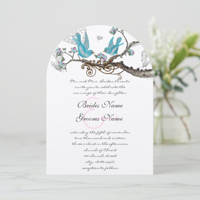 Vintage Birds Aqua & Hot PinkWedding Invitation (Debout devant)