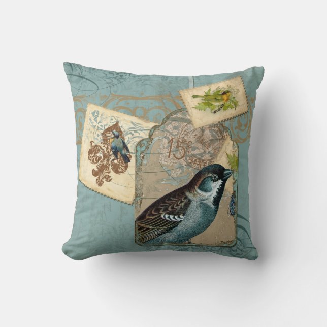Vintage Birds Blumenpostage Briefmarke Swirl Zweig Kissen (Vorderseite)