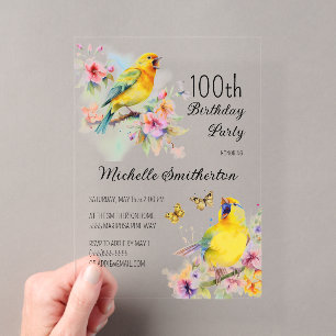 Vintage Birds Kanarienvögel Blumen 100. Geburtstag Acryleinladungen