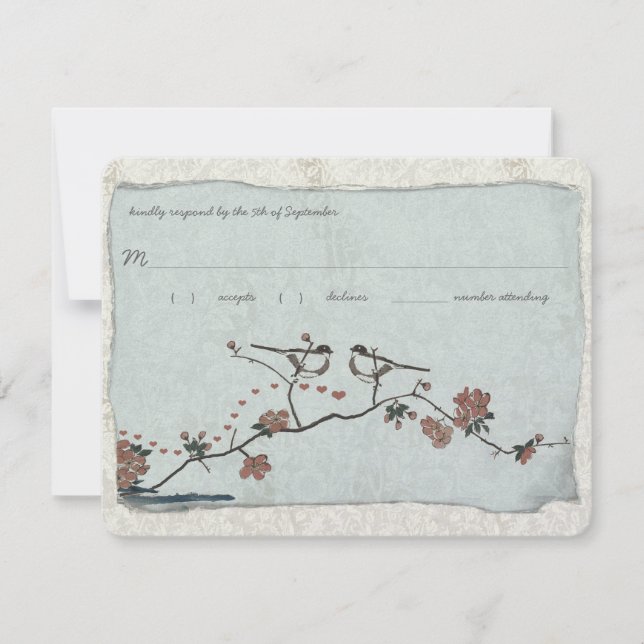 Vintage Birds Mariage damassé RSVP (Devant)