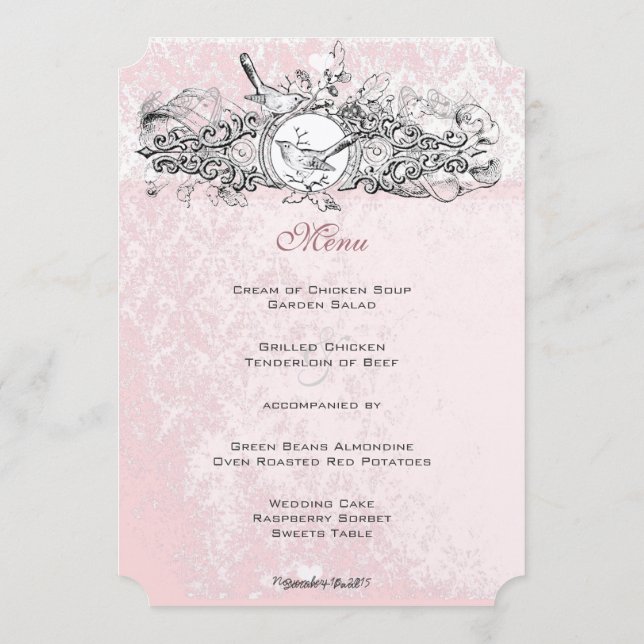 Vintage Birds Pink Musical Scroll Menu Mariage (Dos)