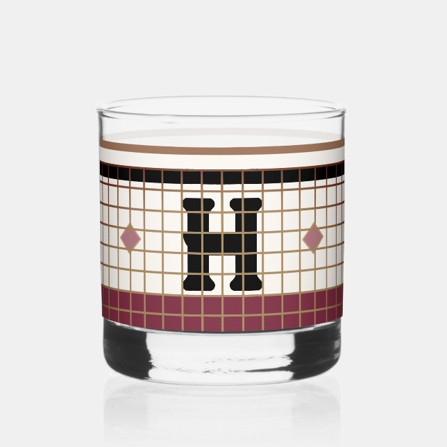 Vintage Bistro-Tile-Cranbere und Goldmonogramm Whiskyglas (Vorderseite)