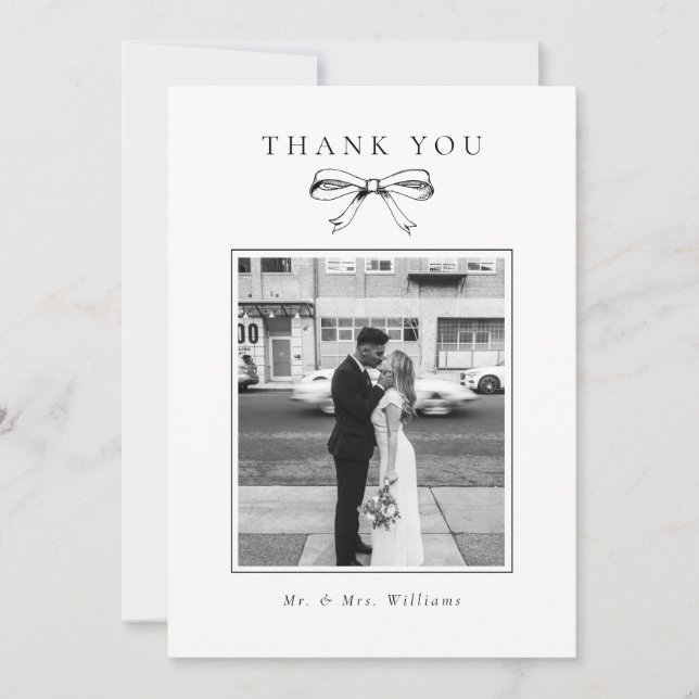 Vintage Black Bow Foto Flat Wedding Dankeskarte (Vorderseite)
