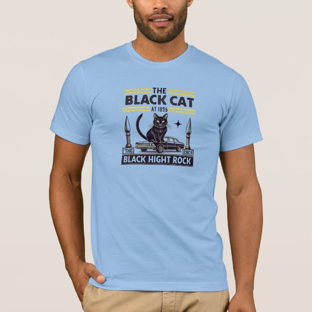 Vintage Black Cat & Classic Car Rockabilly T-Shirt (Vorderseite)