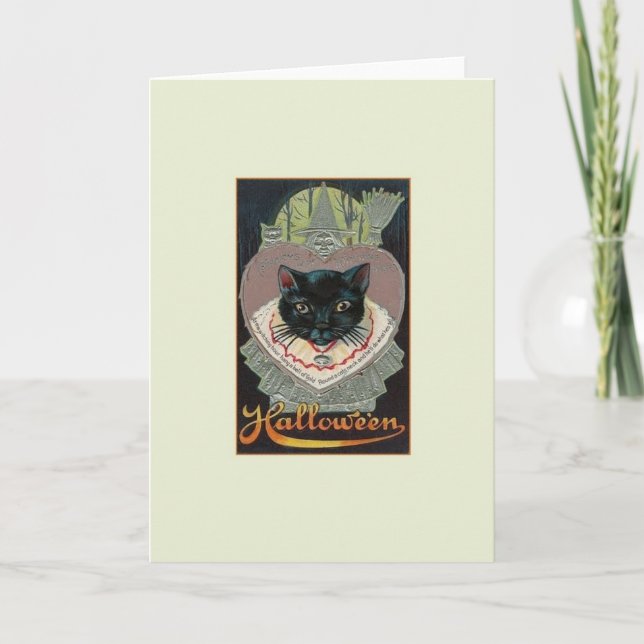 Vintage Black Cat Halloween-Karte Karte (Vorderseite)