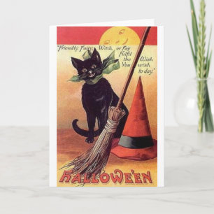 Vintage Black Cat Wish Halloween-Grußkarte Karte
