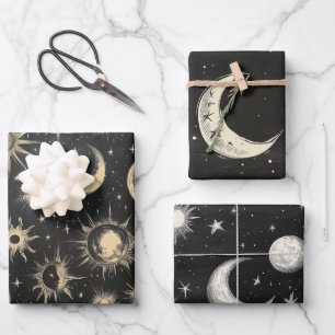 Vintage Black Chalkboard Night Sky Stars & Moons Geschenkpapier Set