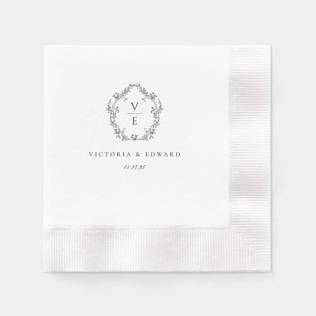 Vintage Black Crest Monogram Wedding Serviette (Vorderseite)