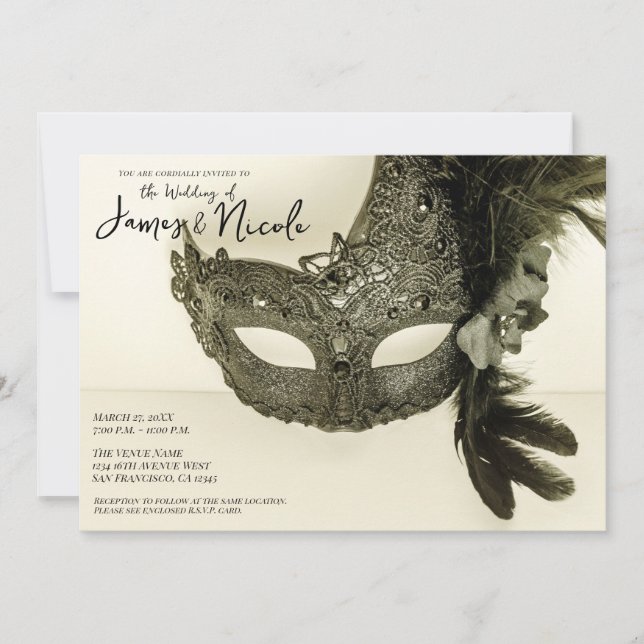 Vintage Black Feather Masquerade Maske Tan Hochzei Einladung (Vorderseite)