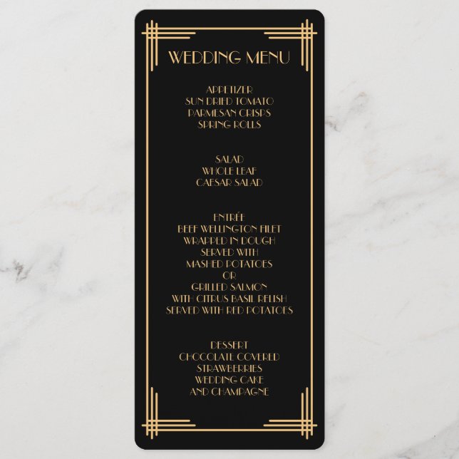 Vintage Black Gatsby Art Déco Menu Mariage (Devant)