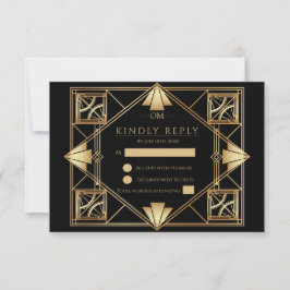 Vintage Black & Gold Art Deco Geometric Wedding  RSVP Karte