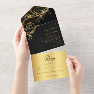 Vintage Black Gold Damask Calligrafy Wedding All In One Einladung