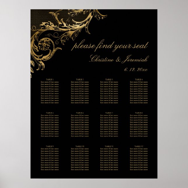 Vintage Black Gold Damask Hochzeitssitze Poster (Vorne)