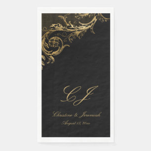 Vintage Black Gold Floral Damask Script Hochzeit Serviette