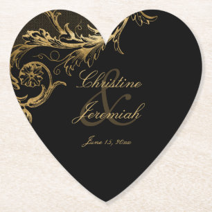 Vintage Black Gold Floral Damask Script Hochzeit Untersetzer