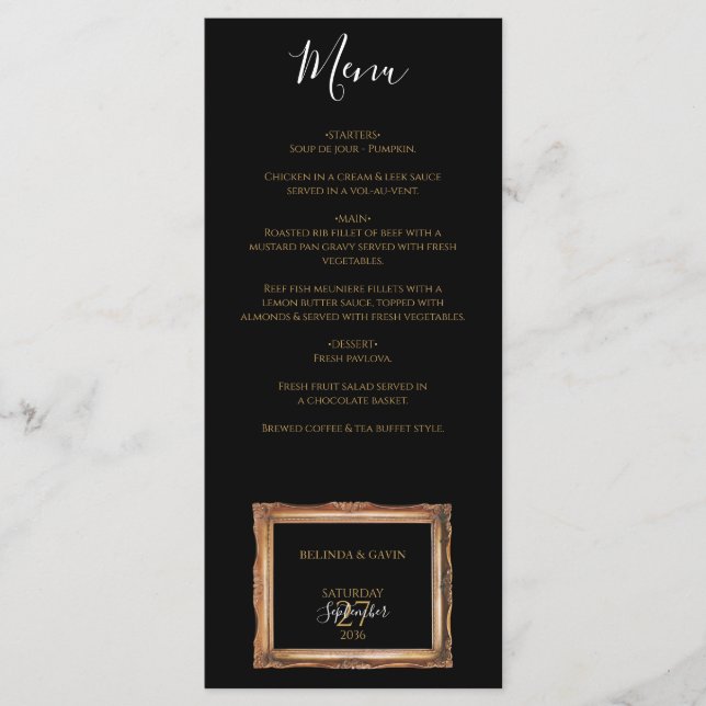 Vintage Black & Gold-Hochzeit Menükarte (Vorderseite)