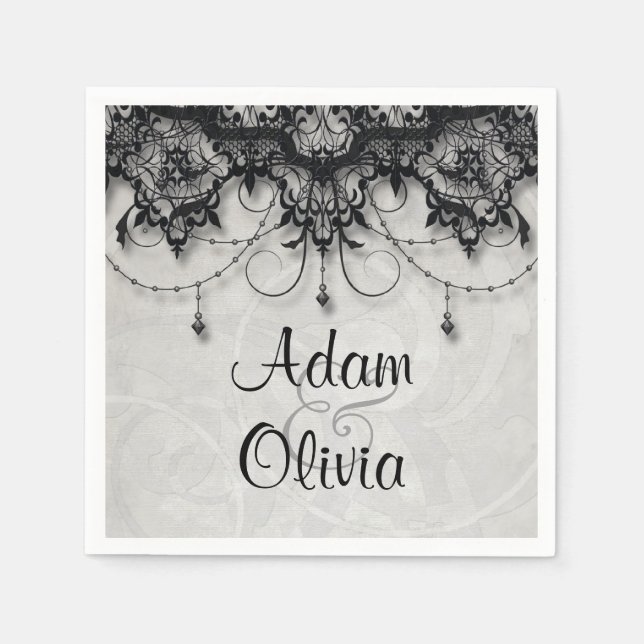 Vintage Black Lace Chandelier Monogram Wedding Serviette (Vorderseite)