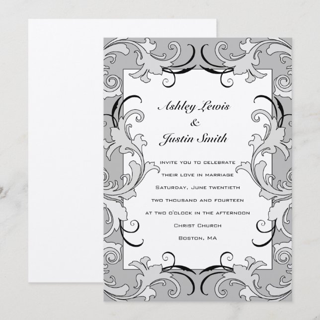 Vintage Black Silver Swirls Wedding Invitation Einladung (Vorne/Hinten)