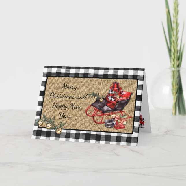 Vintage Black Sleigh Packages Black Karo Burlap Karte (Vorderseite)
