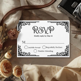 Vintage Black White Wedding RSVP Karte