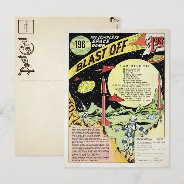 Vintage Blast-Off-Game-Werbekarte Postkarte (Vorne/Hinten)