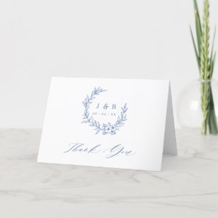 Vintage Blau Blumenkranz gefaltetes Monogramm Hoch Dankeskarte