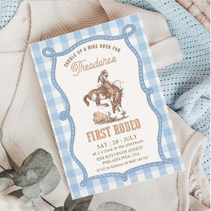 Vintage Blau Gingham Erste Rodeo Einladung