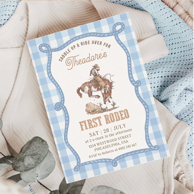 Vintage Blau Gingham Erste Rodeo Einladung (Von Creator hochgeladen)