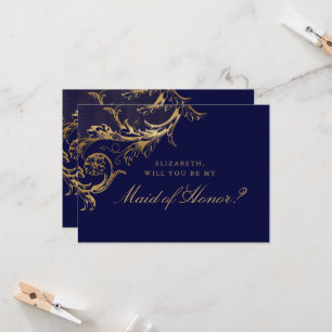 Vintage Blau Gold Blumen Damast Maid of Honor Einladung