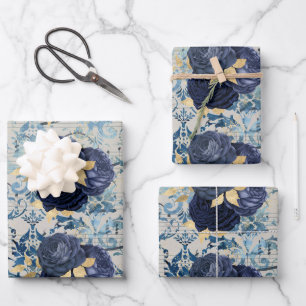 Vintage Blau Gold Blumen-Damast-Muster Geschenkpapier Set