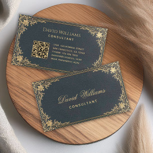 Vintage Blau Gold Elegante Schrift & QR-Code Visitenkarte