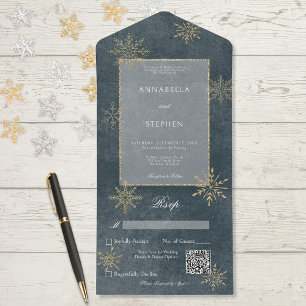 Vintage Blau & Gold Glitter-Schneeflocken QR-Code All In One Einladung