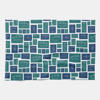 Vintage Blau Grün Fisch Muster Geschirrtuch