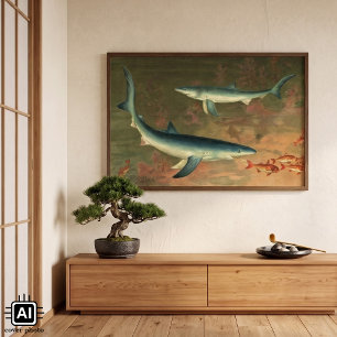Vintage Blau Hai frisst Fisch, Meeresleben Poster