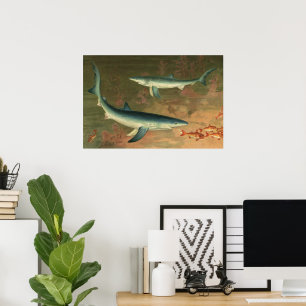 Vintage Blau Hai frisst Fisch, Meeresleben Poster