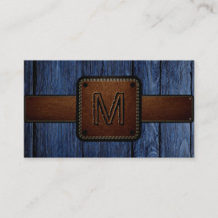 Vintage Blau Holz Braun Leder-Look Monogram Visitenkarte