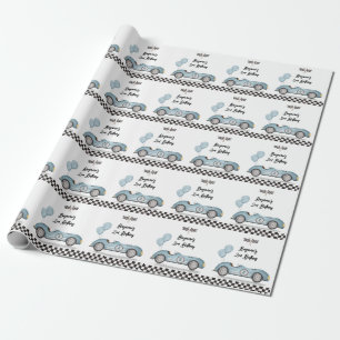 Vintage-Blau-Rennwagen-Zwei-schnelle-Jungen-2.-Geb Geschenkpapier