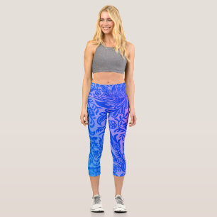 Vintage Blau Rosa Blumen Botanisches Muster Capri Leggings