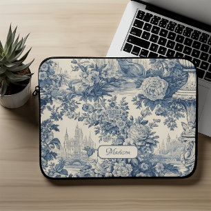 Vintage Blau Toile de Jouy Blumenmonogramm Laptopschutzhülle