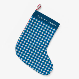 Vintage Blau-Weiß Gingham Karo personalisiert  Kleiner Weihnachtsstrumpf